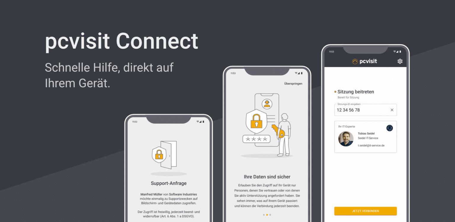 Das Bild zeigt die pcvisit Connect-App auf dem Smartphone.